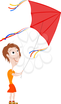 A boy with a kite on a white background. Vector illustration a kite, and boy, isolate. 
Children's toy and a child. Stock vector