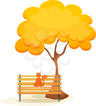 The cat on the bench. Ginger tabby cat on a wooden bench under autumn tree on a white 
background. Autumn motive. Cartoon style. Stock vector illustration