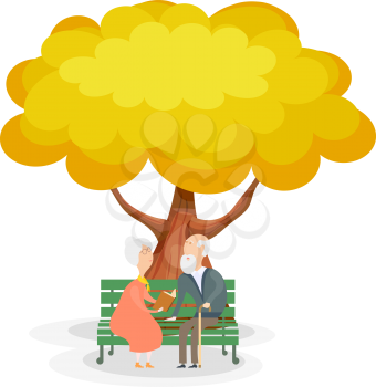 Old men on the bench. Elderly couple on a park bench under the yellow autumn tree. 
Illustration of a happy marriage. Harmony in old age. Stock vector illustration