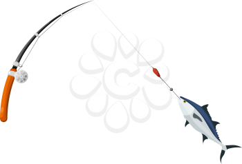 Cardboard style. Fishing spinning. Successful fishing for tuna. Stock vector illustration