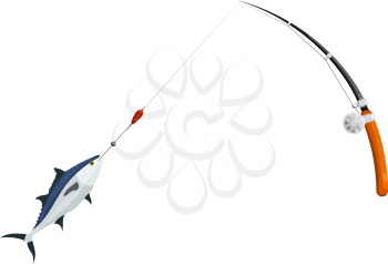 Cardboard style. Fishing spinning. Successful fishing for tuna. Stock vector illustration