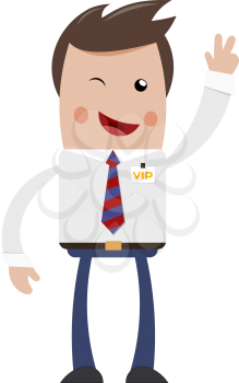 Wink Businessman with VIP badge with raised hand and a sign of victory. Flat style. Concept 
of a successful business. Stock vector illustration