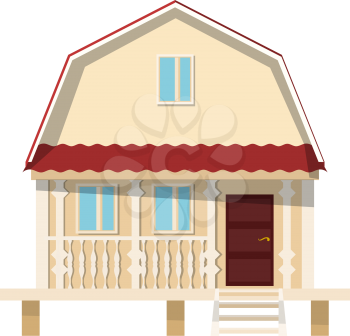 Small village house on stilts on a white background. The flat style. Color vector image for real estate brokerage site, advertising booklet.