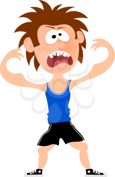 Angry disgruntled teenager pose bodybuilder isolated on a white background. Loser in the 
gym. Flat style. Cartoon image of a novice athlete. Stock vector illustration