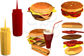 Vector Low poly fast food on a white background. Set of fast food restaurant products. Hamburger, cola, coffee, french fries. Stock vector illustration