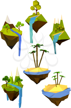 Vector set of colored flying islands with trees, mountains and waterfalls. Abstract symbol of nature. Ecology symbol. Stock vector illustration