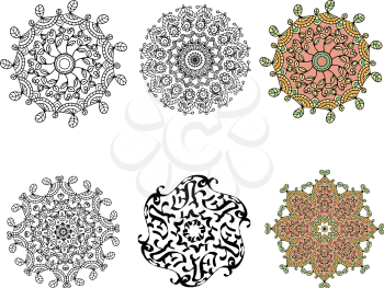 Set Mandala round ornament decorative isolated element, geometric floral circular pattern 
on a white background. Tribal ethnic Arabic Indian motif. Stock vector