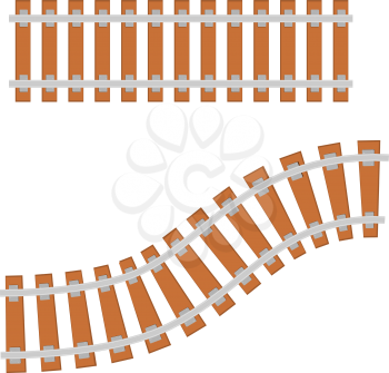 Metal rails on wooden sleepers Railway vector illustration of a curved straight on a white background isolated object