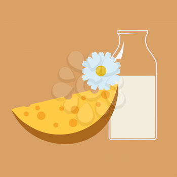 Vector illustration of cheese and milk bottle on a yellow background. Milk, cheese, blue 
flower. Food Cartoon style