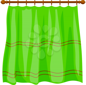 Vector illustration of abstract Cartoon green curtains on the ledge on a white background. Isolated household furnishings. Green portiere, Cartoon style