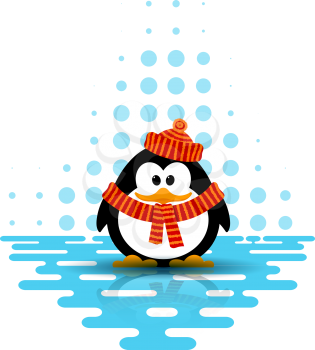 Vector illustration of a cute little penguin wearing a hat and a scarf on an abstract background. Cartoon style