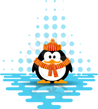 Vector illustration of a cute little penguin wearing a hat and scarf with reflection on the ice on 
an abstract background. Cartoon style