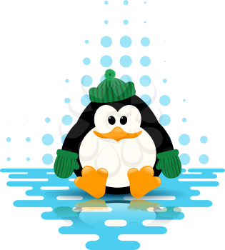 Vector illustration of a cute little penguin in a green hat and scarf with reflection on the ice on 
an abstract background. Cartoon style