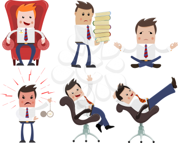 Set of color Cartoon businessman on a white background. Businessmen with different 
emotions. Vector illustration of businessmen for work and leisure