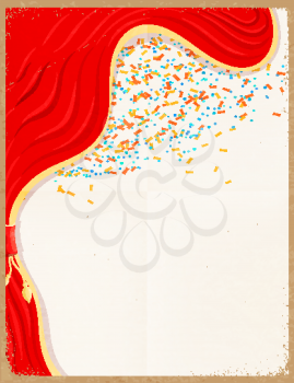 Vector illustration of a red theater curtain with color confetti on a retro background. Vintage 
card with a grunge texture. Old paper background. Design element