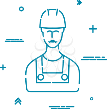 Silhouette of builder, man in uniform and helmet, isolated on white background. Linear style. Vector illustration.