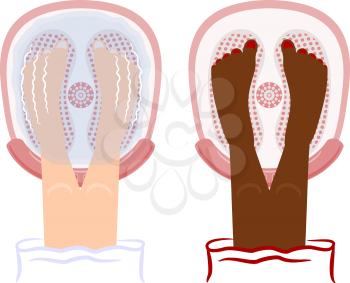 Vector illustration of a whirlpool bath and cosmetic procedures. Female legs in the whirlpool bath. Cartoon style