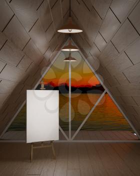 Mockup with sunset, wooden walls of an abstract room and an easel. 3D illustration