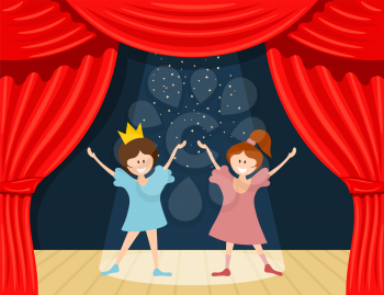 Abstract children's theater. Little girls on the stage of the theater. The play in the 
kindergarten. Vector illustration