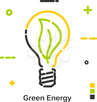 Green energy. Light bulb burns green foliage. Line icon isolated on white background. Vector illustration.