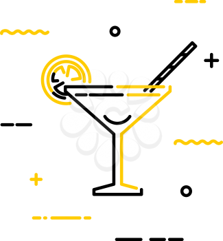 Black flat cocktail martini icon with lemon and straws on a white background. Vector 
illustration. Linear style