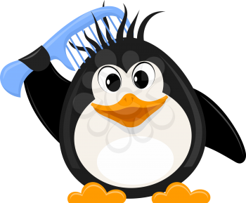 Little cute penguin with a comb on a white background. Vector illustration