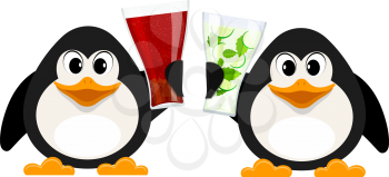 Two small penguins with cola glasses and non-alcoholic mojito. Cartoon style abstract animals with drinks. Vector illustration