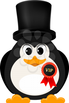 Abstract penguin is free of charge with a badge and a high cylinder. Concept of a 
gentleman businessman on a white background. Cartoon style vector illustration