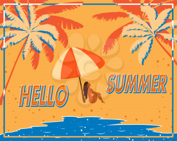 Retro poster with palm trees, sea and a girl under an umbrella on the beach. Vintage postcard, concept of summer holidays on the island. Vector illustration.