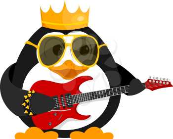Lovely young penguin with a guitar and a bracelet. A little penguin is a rock musician on 
stage. Cartoon style vector illustration