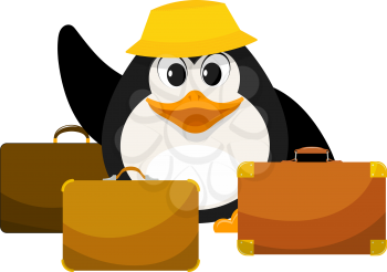 Young penguin in a yellow panama with three suitcases on a white background. Cartoon illustration of the beginning of the journey. Concept of summer holidays. Vector illustration