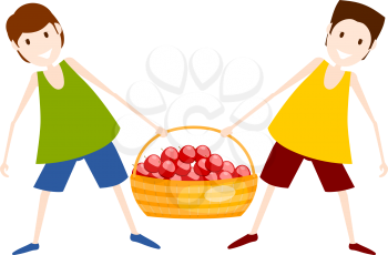 Two boys with a basket of red apples. Harvesting. Vector illustration