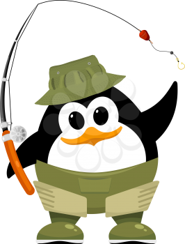 Abstract penguin in fishing rubber boots, hat and fishing rod on a white background. Cartoon illustration of a small penguin child on a fishing trip. Symbol of summer rest on the river. Hobby. Vector 