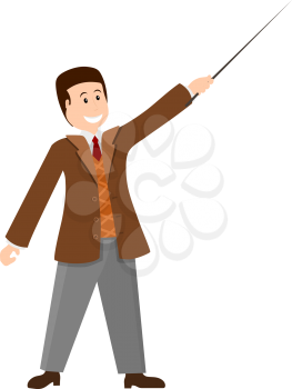 Color image of a young teacher with a pointer on a white background. Professor in the jacket at the lesson. Presentation. Vector illustration