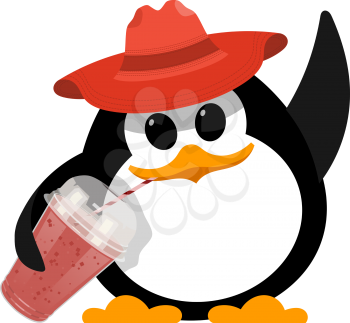 Color image of a small cute penguin in a red hat with a glass of strawberry smoothie on a white background. Hatchling of a penguin bird. Healthy food. Vector illustration