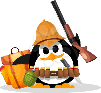 Penguin on a safari. Abstract humorous image of a small penguin with accessories for a safari. Young hunter is a cardboard style. Vector illustration