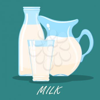 Cartoon image of a jug, a glass and a bottle of milk on a colored background. Food from the farm. Vector illustration