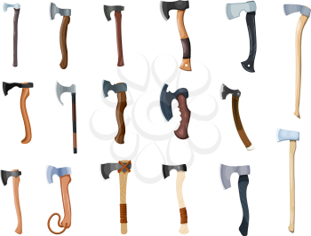 Large collection of color images of axes on a white background. Vector illustration of a set of cartoon style axes
