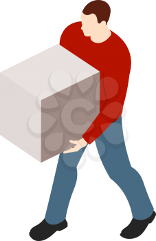 Strong sports guy with a cardboard box in hands on a white background. Vector illustration of delivery service, logistics, mail. A man in a blue jacket and jeans carrying cargo