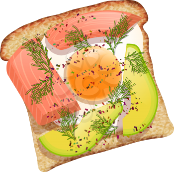 Toast with avocado and salmon on black bread. Vector illustration of wholesome food, sea fish and avocado on a white background. Sandwich with vitamin ingredients illustration