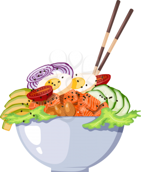 White round poke bowl with salmon, avocado,cucumber, egg, onion rings and tomato on a white background. Trend Hawaiian food. Vector illustration of healthy food.