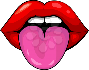 Red female lips and tongue on a white background. Emotion pranks and jokes. Graphic drawing of tongue hanging out. Vector illustration