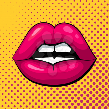 Red female lips on a yellow background in pop art style. Vector stock illustration. Emotion of passion, sex and seduction.