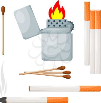 Set of smoking items on a white background. Cigarette, lighter, match. Cartoon style. Vector illustration