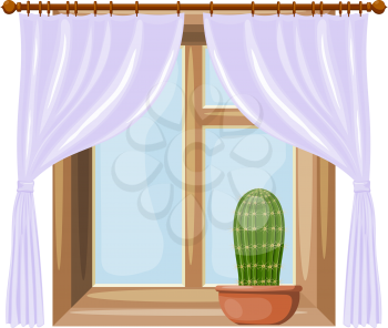 Color image Cartoon style windows with curtains on a white background. Vector illustration of a window with a flower cactus