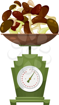 Domestic scales with mushrooms on a white background. Kitchen measuring device. Vector illustration