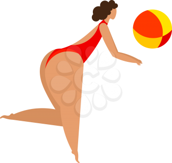 Women's volleyball on the beach Stylized woman with  bright ball playing volleyball Trend woman silhouette in summer sports and recreation Enjoy your holidays Vector illustration of a girl with a ball