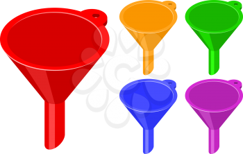 Funnel on a white background. Vector illustration of a set of colored funnels in isometric, isolated object style. A collection of tools for fluid, gasoline, engine oil.