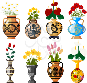 Set of old antique amphoras with blooming flowers for decoration and interior design on a white background. Chamomile, tulip, poppy, rose, narcissus, lilac. Vector illustration