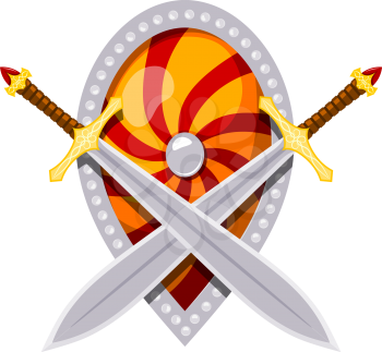 Color image of a shield and swords. Vector illustration of two crossed swords and a shield on a white background in the style of Cartoon
